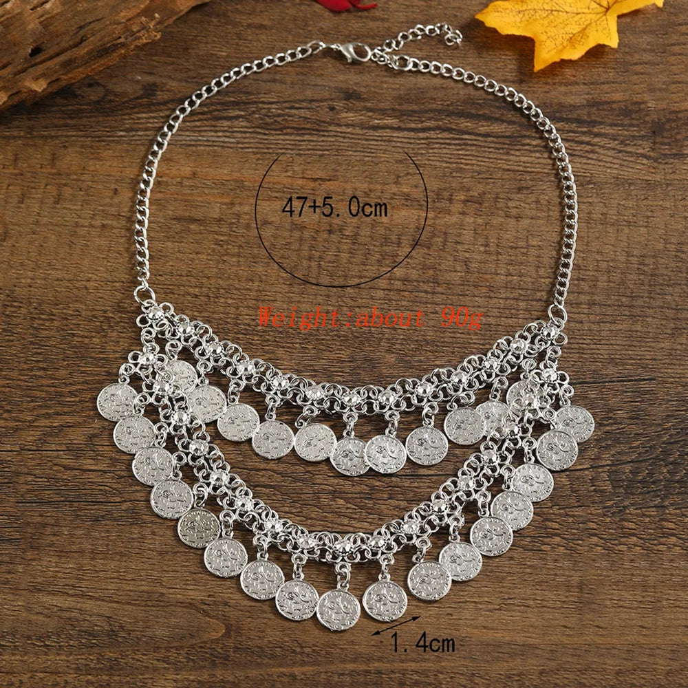 Retro Carved Coin Tassel Statement Necklace Women Boho Double layers Choker Necklaces Pendants New Women Jewelry Collares