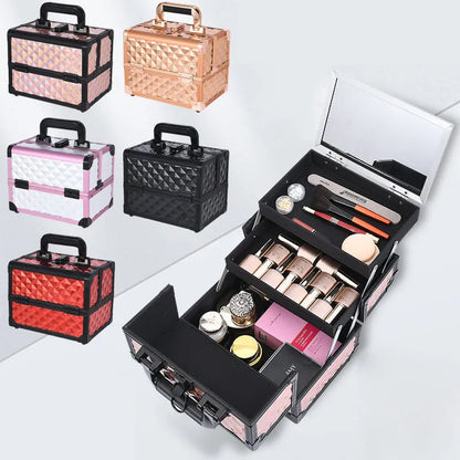 Professional Makeup Box Aluminum Alloy Make Up Organizer Women Cosmetic Case with Mirror Travel Large Capacity Suitcase Bag
