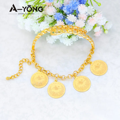 Arab Gold Color Coins Cuff Bracelet 21k Gold Plated Italian Fashion Snake Bangles with Zircon Dubai Women Luxury Vintage Jewelry