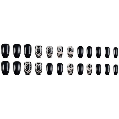 24pcs/ser Black Rose Flower Medium Square Press on Nails Decorated Acyrlic False Nail Art Fake Nails Set Finger Nails for Gluing