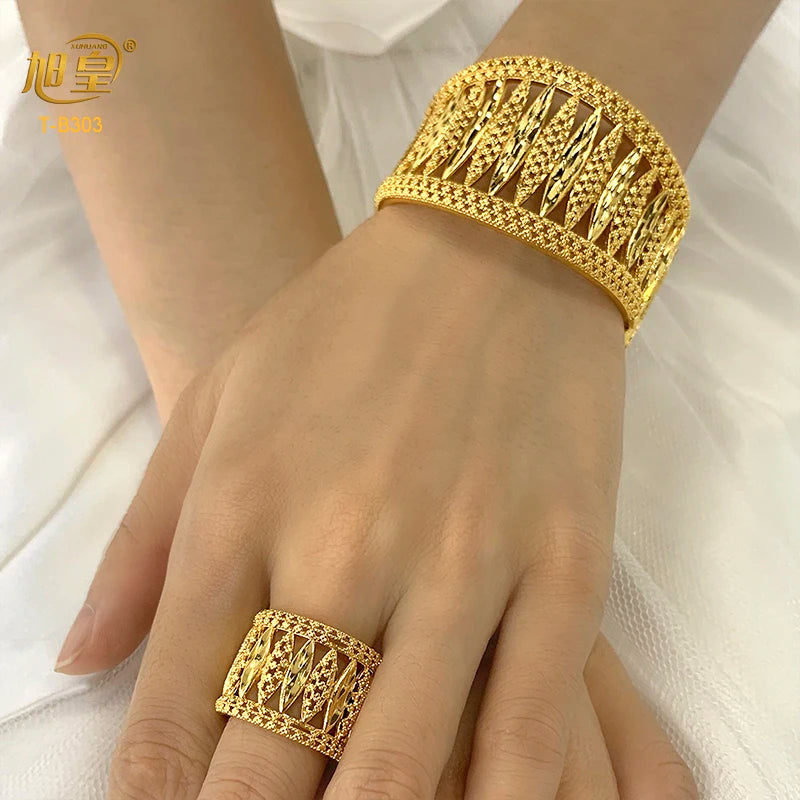 XUHUANG Dubai Exquisite Plated Gold Hollow Bangle With Ring For Women Arab Luxury Charm Copper Bangles Bracelets