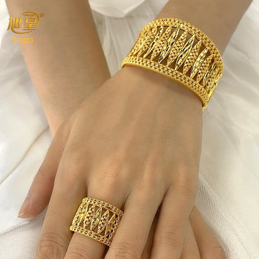 XUHUANG Dubai Exquisite Plated Gold Hollow Bangle With Ring For Women Arab Luxury Charm Copper Bangles Bracelets