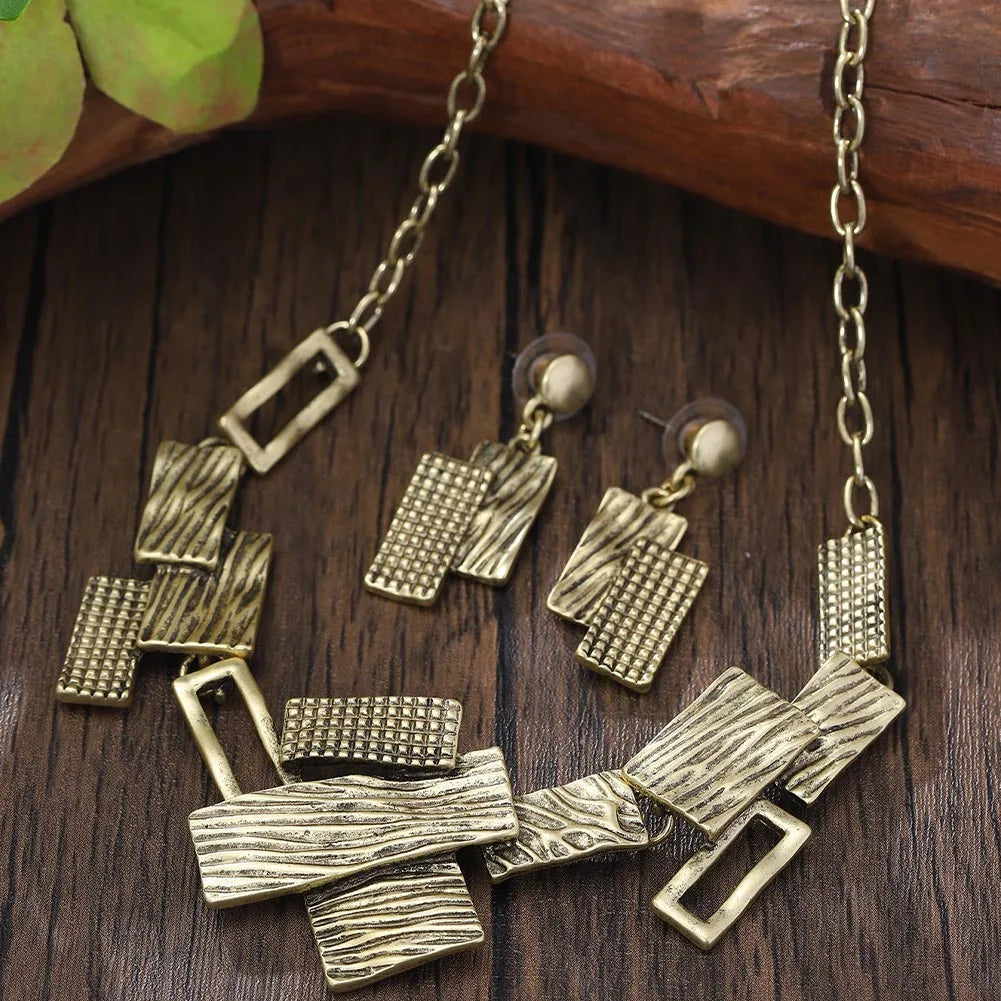 Jewelry Set Zinc Alloy Geometric Rectangular Cutout Patchwork Elegant Temperament Necklace Earrings Set For Women
