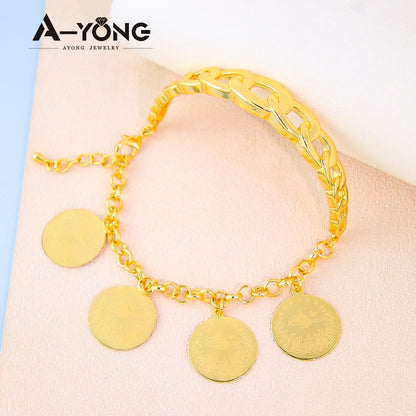 Arab Gold Color Coins Cuff Bracelet 21k Gold Plated Italian Fashion Snake Bangles with Zircon Dubai Women Luxury Vintage Jewelry