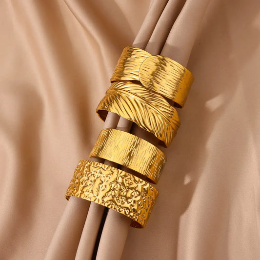 Stainless Steel Wide Bangles for Women Luxury Gold Color Open Chunky Cuff  Bracelet Vintage Wedding Jewelry