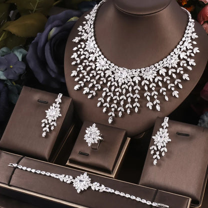 Janekelly 4pcs Bridal Zirconia Full Jewelry Sets For Women Party, Luxury Dubai CZ Crystal Wedding necklace sets