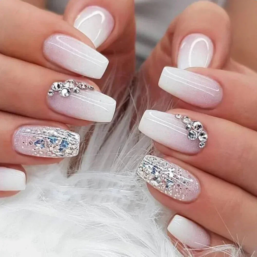 CRISTINA SIERRA 24Pcs Gradient Short Ballet Nails Set with Glue White Simple False Nails Coffin Fake Nails Press on Nails Full Cover Nail Tips