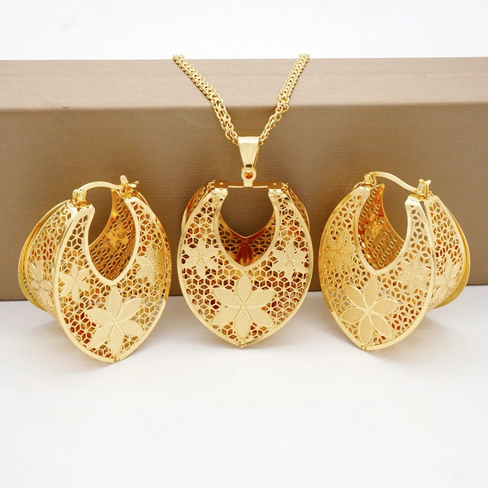 Fashion Dubai Jewelry Sets Gold Color Pendant Copper Classic Earrings Necklace For Women Daily Wear Party Anniversary Gifts