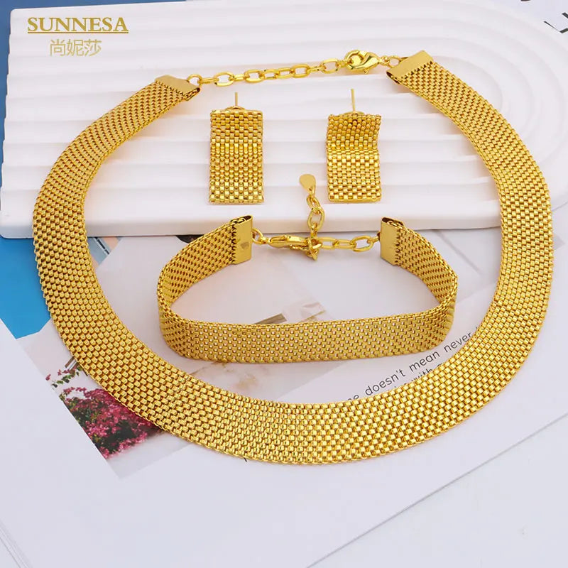 SUNNESA Women Chunky Necklace Jewelry Sets Dubai Style Gold Plated Bracelet Fashion Punk for occasions and Party Bridal Jewelry Sets