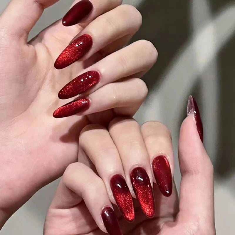 Sparkling Red Cat Eye Solid Color Fake Nail Halloween Fashion Detachable Finished False Nails Press on Nails with Glue