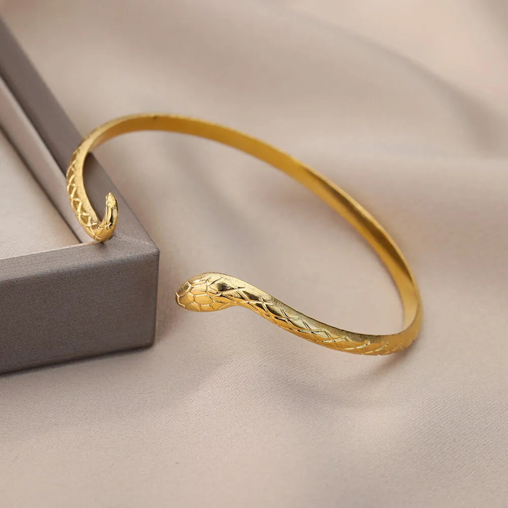 Punk Snake Bangles For Women Open Gold Color Stainless Steel Animal Snake Cuff Bracelets Gothic Party Jewelry Accessories