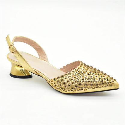 New Fashion Gold Color Shoes and Bags To Match Set Party Women's Wedding Bag and Shoe Set Decorated with Rhinestone