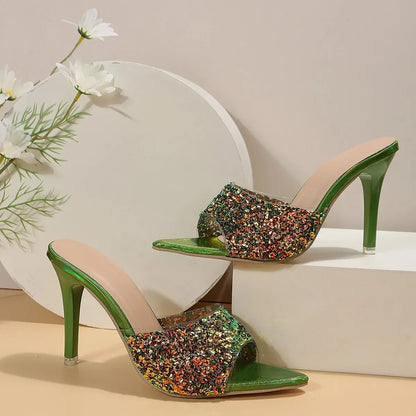 High Heels Slippers Womens Summer New Sexy Open Toe Stilettos Sandals Woman Luxury Sequined Pointed Banquet Party Pumps