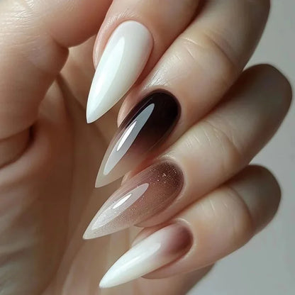 Wine Red Fake Nail Tips Long Pointed Head Glossy Press on Nails Wearable Full Cover INS Gradient Color False Nail Tips 24pcs