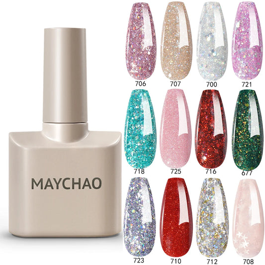 MAYCHAO 12ML Glitter Gel Nail Polish Autumn Colors Long Lasting For Manicure Soak Off Nail Art Gel Varnish Shiny Sequins UV Gel