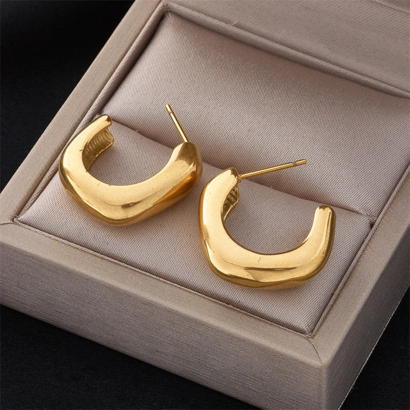 MEYRROYU Round Chunky Hoop Earrings Gold Color Stainless Steel Bijoux Jewelry New Metal 18 K Earrings Accessories