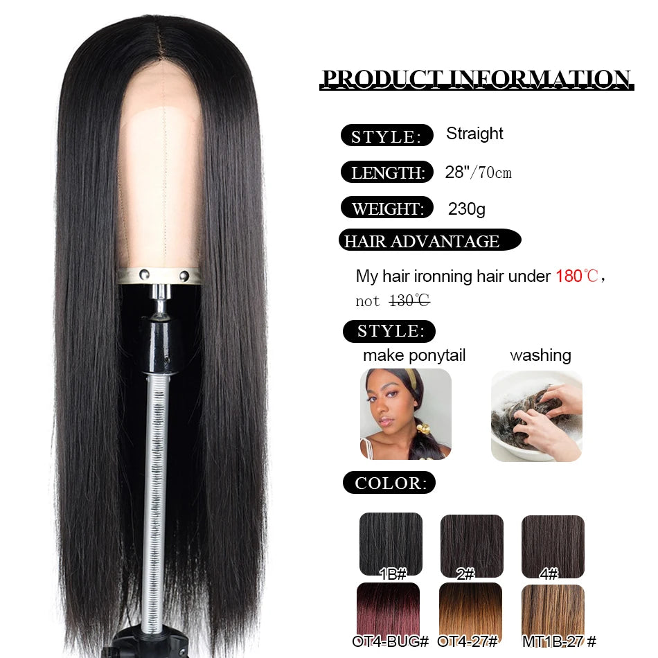 Synthetic Wig Lace Front Long Straight Hair Heat Resistant Quality Middle T Part Lace For Black Natural Women Silky Smooth