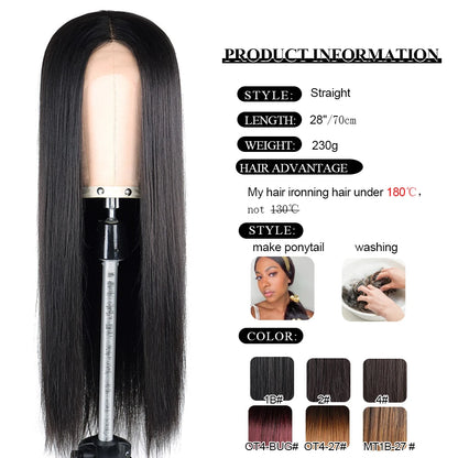 Synthetic Wig Lace Front Long Straight Hair Heat Resistant Quality Middle T Part Lace For Black Natural Women Silky Smooth