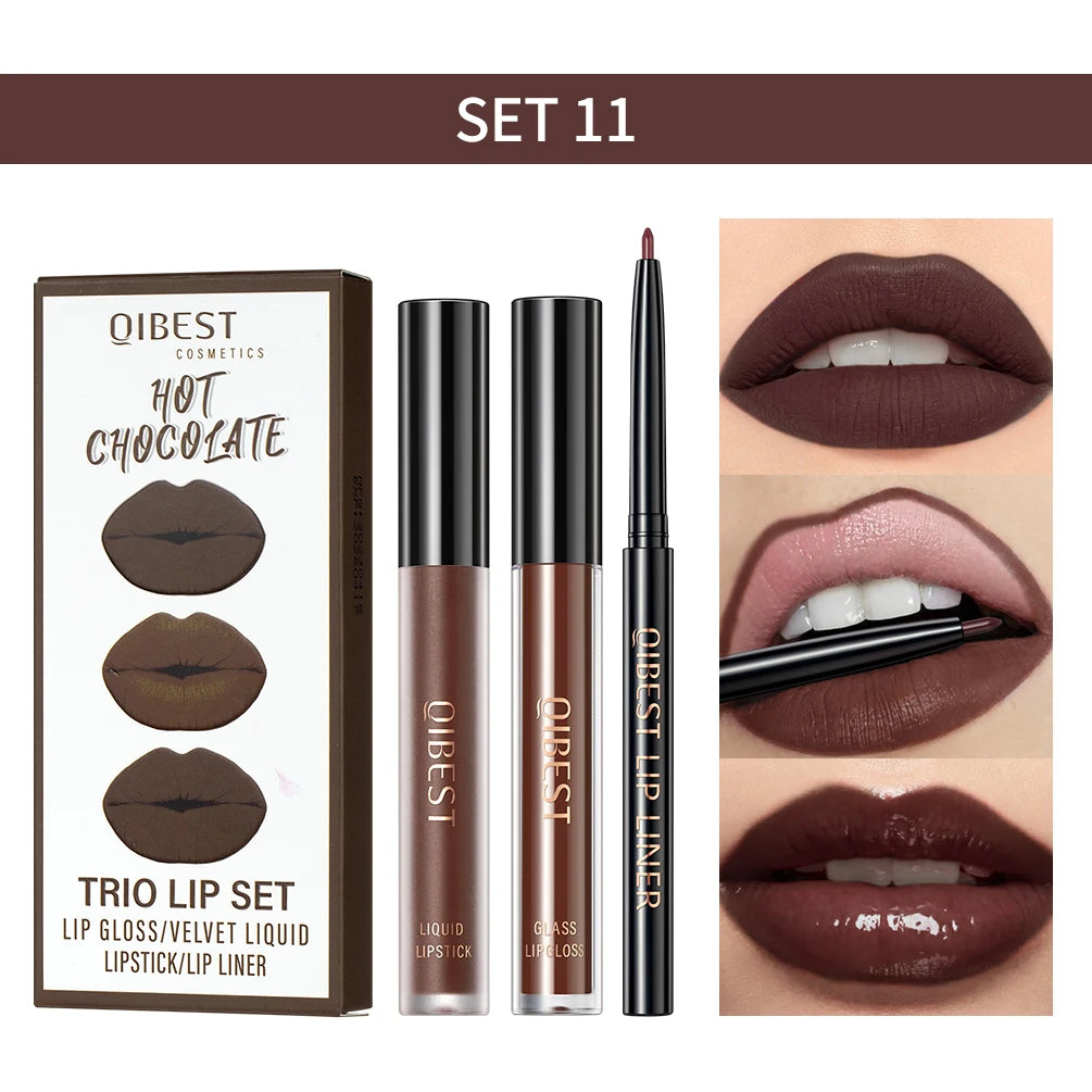 New 3pcs/set Liquid Lipstick Lip Liner Long Lasting Cosmetic Black Brown Purple Red Matte Lip Gloss Nude Lip Tint Stain Makeup