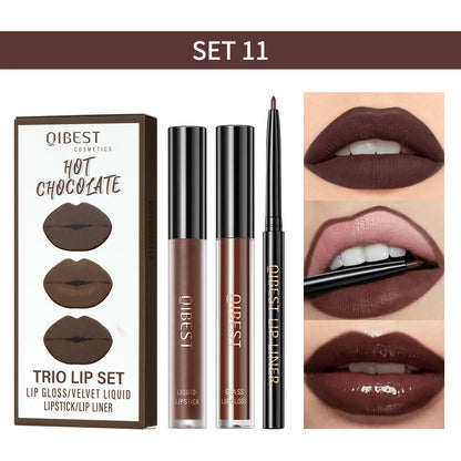 New 3pcs/set Liquid Lipstick Lip Liner Long Lasting Cosmetic Black Brown Purple Red Matte Lip Gloss Nude Lip Tint Stain Makeup