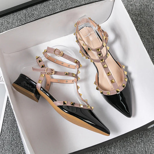 Summer high-heeled women's sandals Fashion brand design pointed rivet red casual shoes Large size 41-43  -  Med (3cm-5cm) Heels