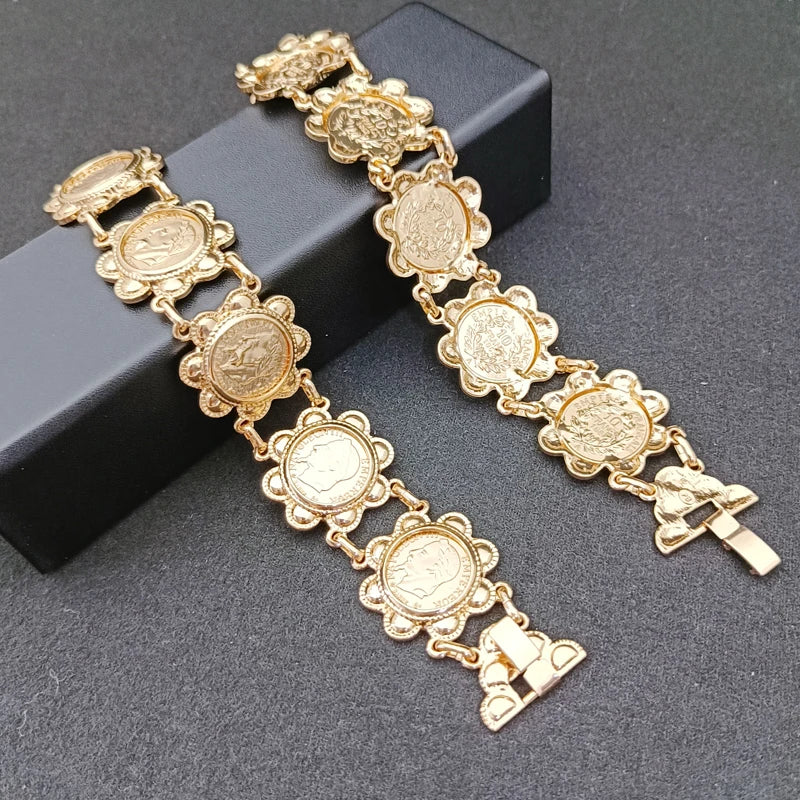 French Vintage Coin Bracelet Dubai Ladies Necklace Slide Chain Arabian Ladies Robe Jewelry Set Gold Plated Pendant