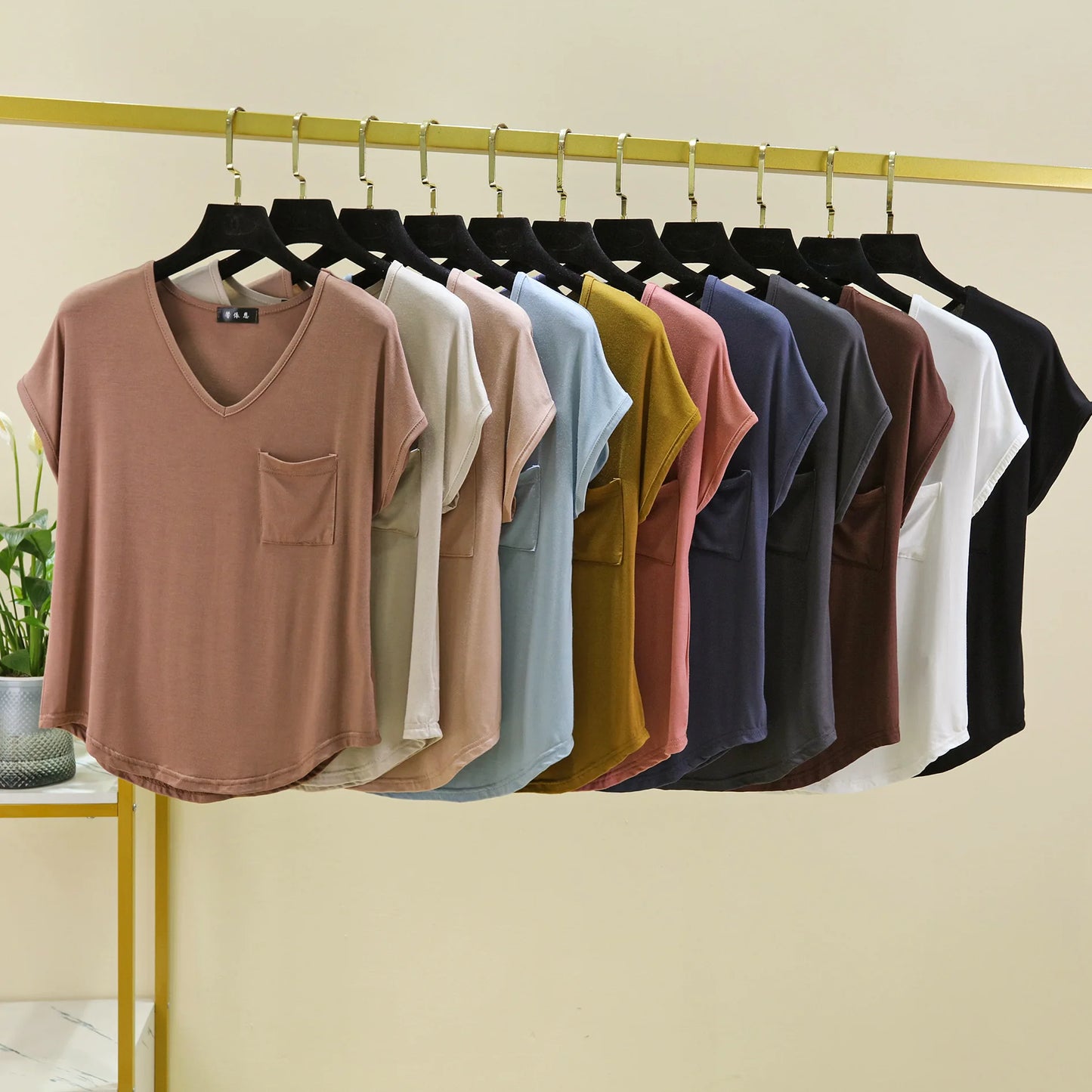 Summer Thin Tshirts V-Neck short sleeves Women Modal Loose T-Shirt with pocket Solid color Plus size Basic Tee Tops