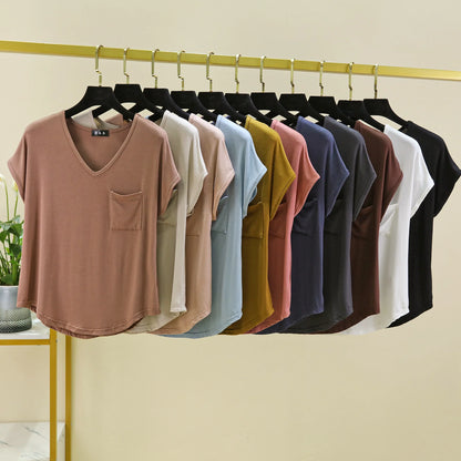 Summer Thin Tshirts V-Neck short sleeves Women Modal Loose T-Shirt with pocket Solid color Plus size Basic Tee Tops