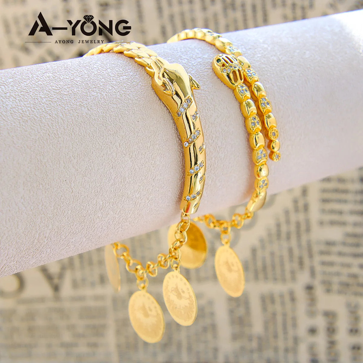 Arab Gold Color Coins Cuff Bracelet 21k Gold Plated Italian Fashion Snake Bangles with Zircon Dubai Women Luxury Vintage Jewelry