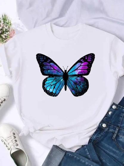 Women's European and American Clothing Butterfly Letter Printed Short-sleeved T-shirt Tops  Graphic T Shirts  Harajuku