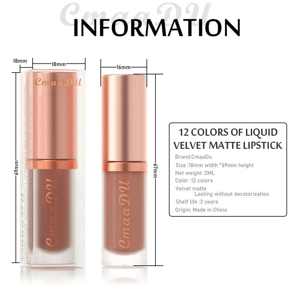 CmaaDu Velvet Matte Liquid Lipstick Waterproof Long Lasting Nonstick Cup Mate Nude Red Lip Stick Lint Tube Makeup Cosmetics Lips