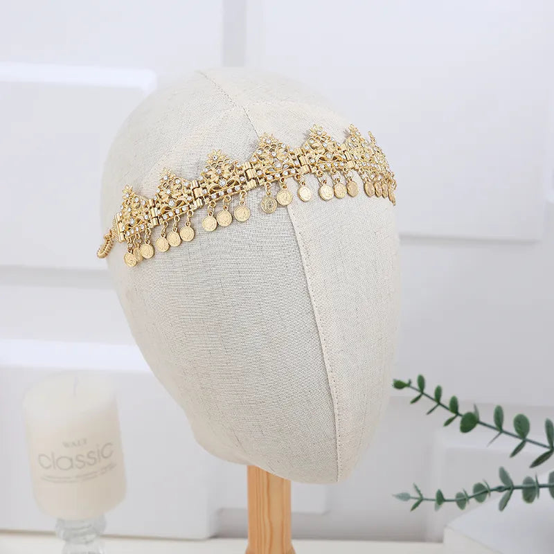 Moroccan Women Hair Ornament Gold Plated With Rhinestones Plant Style Turkish Coin Arabic Head Chain Wedding Party