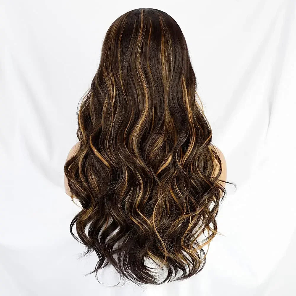 Body Wave Highlight Lace Front Wigs Synthetic Omber Blonde /Chocolate Brown  Lace Frontal Wigs Heat Resistant Fiber for Woman