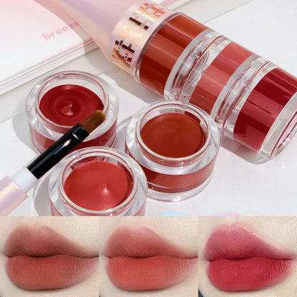 Tri-colour Canned Lip Mud Clay Matte Lipstick Blush Makeup Kit With Lip Brush Non-stick Cup Mousse Red Lip Tint Pigment Cosmetic