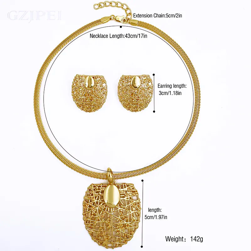 Gold Color Necklace Earrings Set For Women Unique Choker Pendant Earrings 3Pcs Set Jewelry Quality Accessories Free Shipping