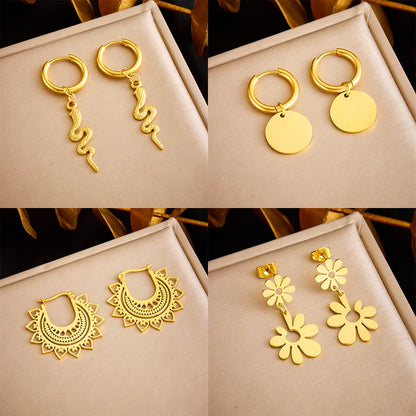 DIEYURO 316L Stainless Steel Snake Flower Round Drop Earrings For Women Fashion 2-Color Ear Jewelry Holiday