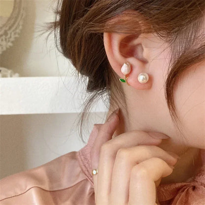 Sweet Fashion Enamel Pearl Tulip Flower Stud Earrings for Women  Zircon Back Hanging Earring Wedding Jewelry