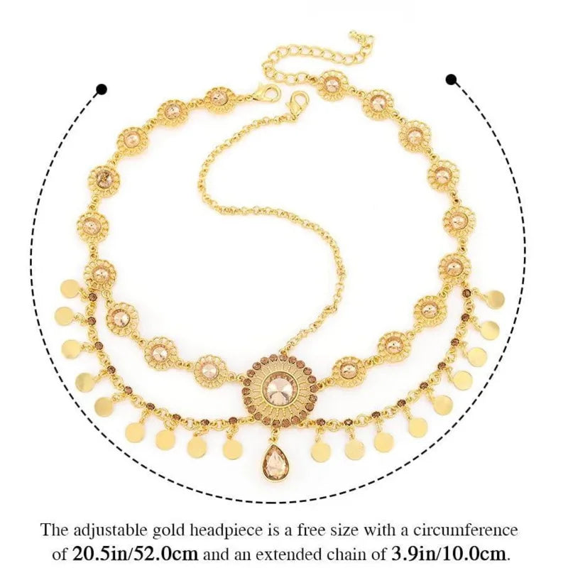 Egyptian Crystal Forehead Headpiece Gold Color Alloy Hollowed Rhinestone Coin Tassel Head Chain Women's Dance Accessories
