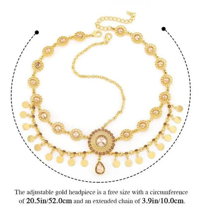 Egyptian Crystal Forehead Headpiece Gold Color Alloy Hollowed Rhinestone Coin Tassel Head Chain Women's Dance Accessories