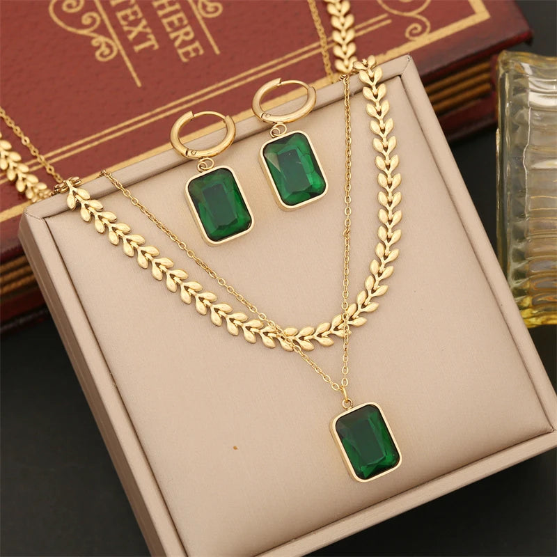 Kuziduocai Stainless Steel New Fashion Upscale Jewelry 2 Layer Square Shape Zircon Charms Chain Choker Necklaces Earrings For Women