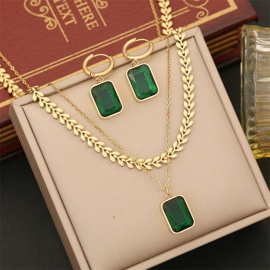 Kuziduocai Stainless Steel New Fashion Upscale Jewelry 2 Layer Square Shape Zircon Charms Chain Choker Necklaces Earrings For Women