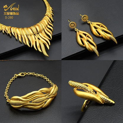 Dubai Women Gold Color Jewelry Sets African Wedding Bridal Ornament Gifts For Saudi Arab Necklace Bracelet Earrings Ring Set
