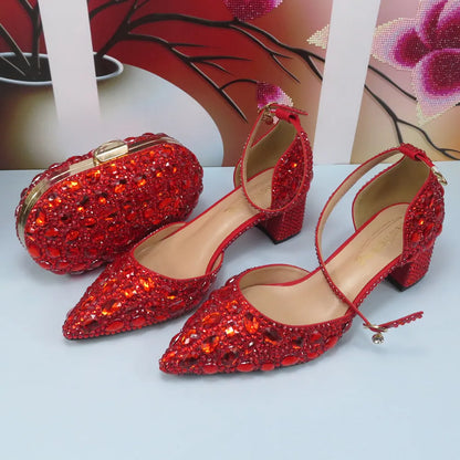 Lovein Crystal  New arrival Red Crystal Women wedding shoes with matching bags Thick Heel High Pumps fashion Ankle Strap shoes and Purse