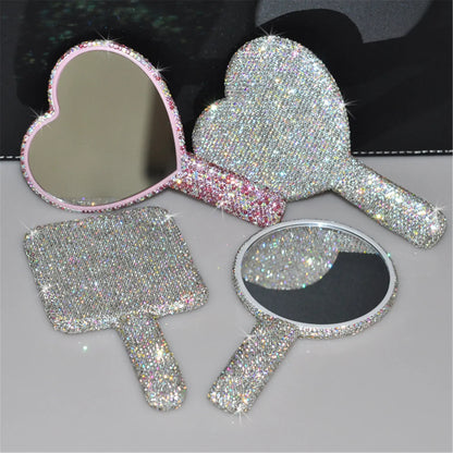 Diamond Handheld Makeup Mirror Love Heart Mirror Female Handle Makeup Cosmetic Beauty Tools Handheld Vanity Girls Make Up Mirror