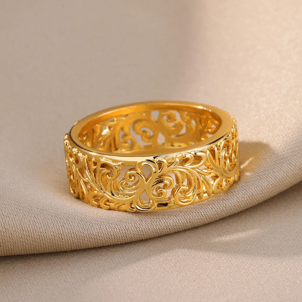 Hollow Flower Rings For Women Gold Color Stainless Steel Ring Female Engagement Wedding Party Finger Jewelry Trend