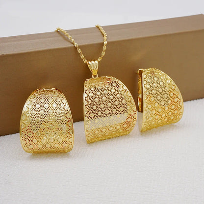 Fashion Dubai Jewelry Sets Gold Color Pendant Copper Classic Earrings Necklace For Women Daily Wear Party Anniversary Gifts