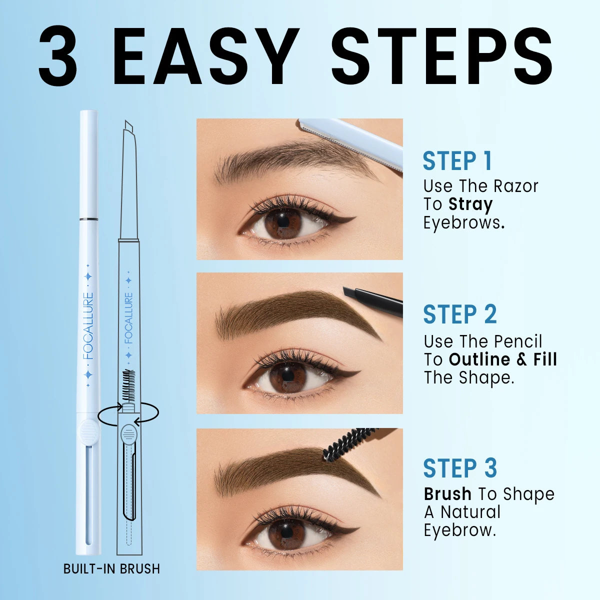 FOCALLURE Eyebrow Pencil  Waterproof Long-lasting 3 In 1 Ultra Fine Triangle Eye Brow Makeup Cosmetics