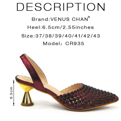 Venus Chan Pointed Toe Heels for Women Elegant Party Wine Color Full Diamond Pumps Italian Shoes and Bags Matching Set