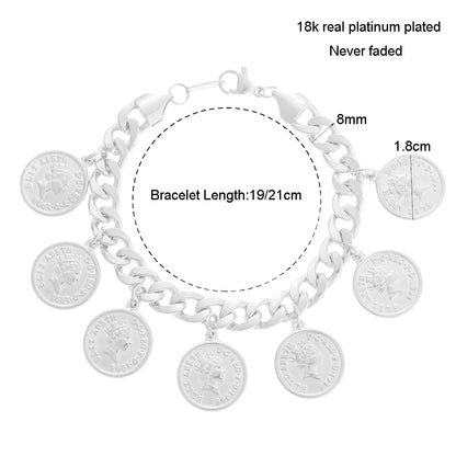 Luxury Fashion Stainless Steel Portrait Coin Pendant Bracelet for Women Wide Cuban Chain Charm Jewelry