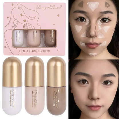 Dragon Ranee 3Pc/set Matte Contouring Bronzer Stick Liquid High Gloss Brown Nose Shadow Cream Cover Dark Circles Concealer Highlighter Makeup